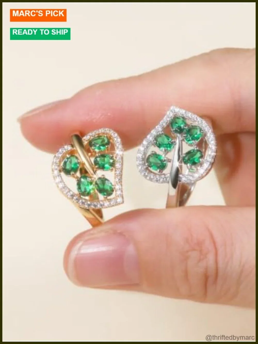 925 Sterling Silver Emerald Leaf Ring Stacking Women's Luxury Gift